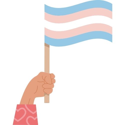A light-brown hand with a red heart-pattern sleeve holding a transgender pride flag